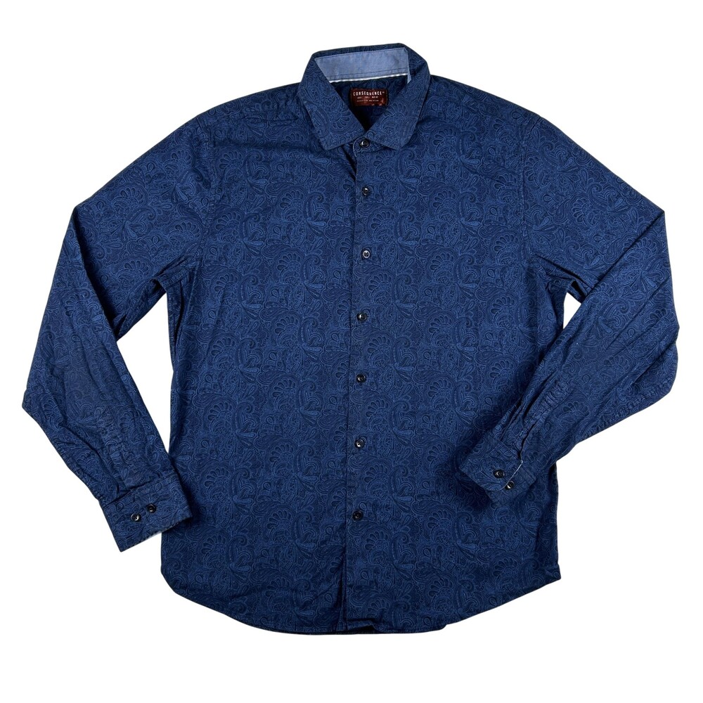 Consequence Shirt Mens Large Navy Paisley Long Sleeve Button Up Stretch Casual
